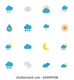 Weather Flat Icons Set. Collection Of Moon, The Flash, Crescent And Other Elements. Also Includes Symbols Such As Storm, Blizzard, Hot.