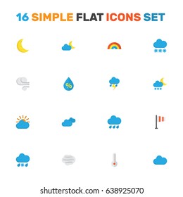 Weather Flat Icons Set. Collection Of Windy, Storm, Lightning And Other Elements. Also Includes Symbols Such As Frosty, Sun, Thermometer.