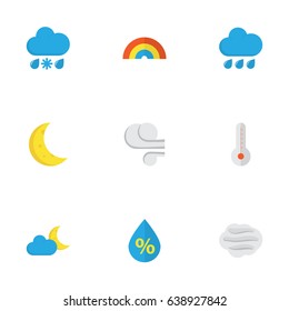 Weather Flat Icons Set. Collection Of Drizzles, Bow, Moon And Other Elements. Also Includes Symbols Such As Demilune, Rainy, Sun.