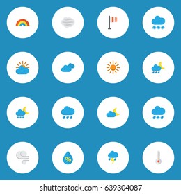 Weather Flat Icons Set. Collection Of Sunny, Temperature, Hailstones And Other Elements. Also Includes Symbols Such As Thermometer, Flash, Moon.