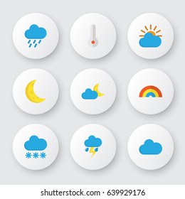 Weather Flat Icons Set. Collection Of Temperature, Shower, Crescent And Other Elements. Also Includes Symbols Such As Thermometer, Rainbow, Hail.