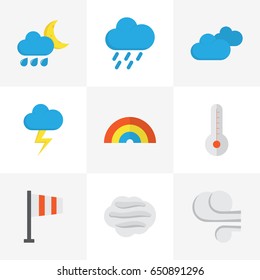 Weather Flat Icons Set. Collection Of Bow, Storm, The Flash And Other Elements. Also Includes Symbols Such As Rain, Flash, Windy.