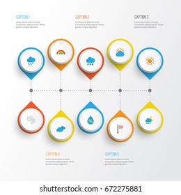 Weather Flat Icons Set. Collection Of Rain, Storm, Sun And Other Elements. Also Includes Symbols Such As Bow, Blizzard, Hot.