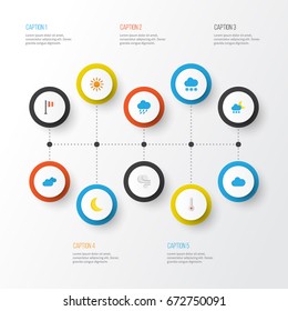 Weather Flat Icons Set. Collection Of Banner, Storm, Snow And Other Elements. Also Includes Symbols Such As Blizzard, Cloudy, Banner.