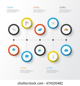 Weather Flat Icons Set. Collection Of Storm, Windy, Bow And Other Elements. Also Includes Symbols Such As Hot, Sky, Temperature.