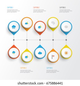 Weather Flat Icons Set. Collection Of Windy, Sun, Lightning And Other Elements. Also Includes Symbols Such As Banner, Storm, Blizzard.