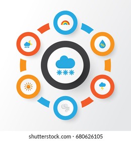 Weather Flat Icons Set. Collection Of Drop, Sun, Snow And Other Elements. Also Includes Symbols Such As Drop, Rain, Sun.
