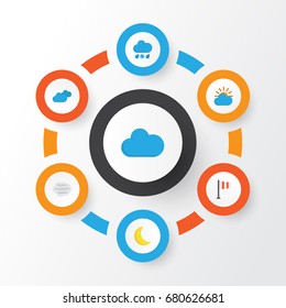 Weather Flat Icons Set. Collection Of Banner, Overcast, Windy And Other Elements. Also Includes Symbols Such As Flag, Sunny, Crescent.