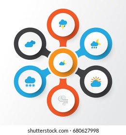 Weather Flat Icons Set. Collection Of Lightning, Crescent, Hailstones And Other Elements. Also Includes Symbols Such As Sky, Winter, Cloud.
