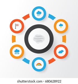Weather Flat Icons Set. Collection Of The Flash, Shower, Snow And Other Elements. Also Includes Symbols Such As Rain, Lightning, Cloud.