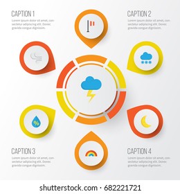 Weather Flat Icons Set. Collection Of Snow, Storm, The Flash And Other Elements. Also Includes Symbols Such As Bow, Rain, Moon.