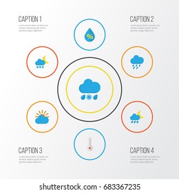 Weather Flat Icons Set. Collection Of Drizzles, Sunny, Drop And Other Elements. Also Includes Symbols Such As Sunny, Hail, Hailstones.