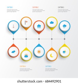 Weather Flat Icons Set. Collection Of Cloud, Moon, Banner And Other Elements. Also Includes Symbols Such As Shower, Winter, Hail.