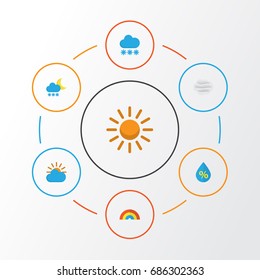 Weather Flat Icons Set. Collection Of Sun, Bow, Windy And Other Elements. Also Includes Symbols Such As Sun, Windy, Wind.