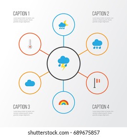 Weather Flat Icons Set. Collection Of Banner, Drizzles, Bow And Other Elements. Also Includes Symbols Such As Rainbow, Bow, Shower.