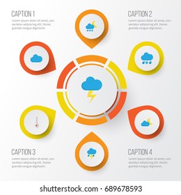 Weather Flat Icons Set. Collection Of Crescent, Cloud, Temperature And Other Elements. Also Includes Symbols Such As Cloud, Temperature, Lightning.