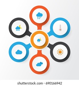 Weather Flat Icons Set. Collection Of Cloud, Overcast, Hailstones And Other Elements. Also Includes Symbols Such As Sunny, Shower, Rain.