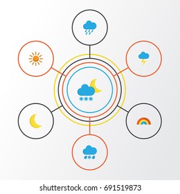 Weather Flat Icons Set. Collection Of Bow, Moon, Frosty And Other Elements. Also Includes Symbols Such As Snow, Cloud, Demilune.