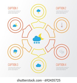 Weather Flat Icons Set. Collection Of Storm, Lightning, Temperature And Other Elements. Also Includes Symbols Such As Outbreak, Cloudy, Hot.