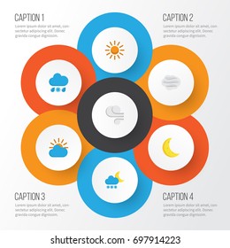 Weather Flat Icons Set. Collection Of Windy, Sunny, Sun And Other Elements. Also Includes Symbols Such As Demilune, Wind, Drizzles.