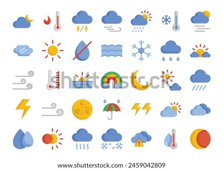 Weather flat icons set. The collection includes in business, UI UX, social media and website.