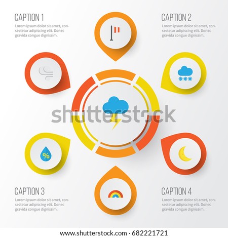 Weather Flat Icons Set. Collection Of Snow, Storm, The Flash And Other Elements. Also Includes Symbols Such As Bow, Rain, Moon.