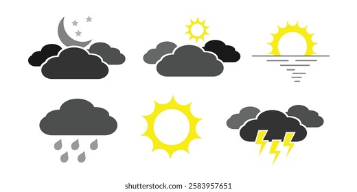 Weather flat icons set. Parts of the Day Morning, Afternoon, Noon, Evening ,Night Icons. Sunset and Night Icons, Simple glyph silhouette signs for web.