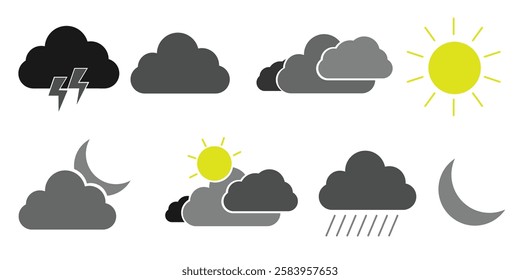 Weather flat icons set. Parts of the Day Morning, Afternoon, Noon, Evening ,Night Icons. Sunset and Night Icons, Simple glyph silhouette signs for web.