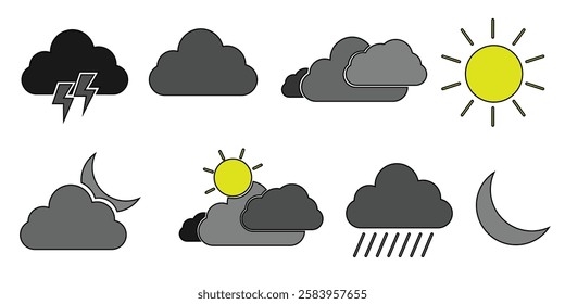 Weather flat icons set. Parts of the Day Morning, Afternoon, Noon, Evening ,Night Icons. Sunset and Night Icons, Simple glyph silhouette signs for web.