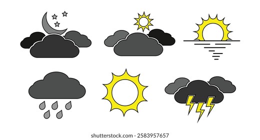 Weather flat icons set. Parts of the Day Morning, Afternoon, Noon, Evening ,Night Icons. Sunset and Night Icons, Simple glyph silhouette signs for web.