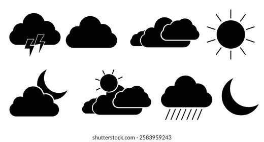 Weather flat icons set. Parts of the Day Morning, Afternoon, Noon, Evening ,Night Icons. Sunset and Night Icons, Simple glyph silhouette signs for web.