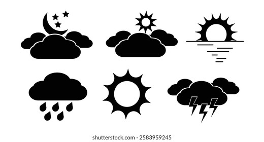 Weather flat icons set. Parts of the Day Morning, Afternoon, Noon, Evening ,Night Icons. Sunset and Night Icons, Simple glyph silhouette signs for web.