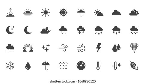 Weather flat icons set. Sun, rain, thunder storm, dew, wind, snow cloud, night sky black minimal vector illustrations. Simple glyph silhouette signs for web, forecast app.