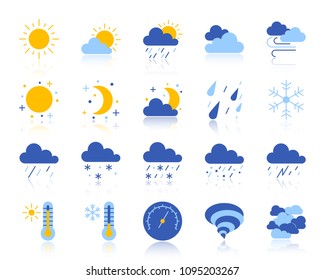 Weather flat icons set. Web vector sign kit of meteorology. Climate pictogram collection includes cloud, snow, rain. Simple weather colorful icon symbol with reflection isolated on white