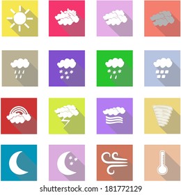 Weather flat icons set and white background. Vector illustration.