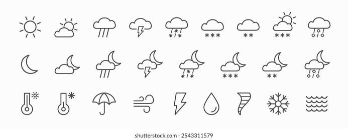 Conjunto de iconos de línea plana de Clima aislados sobre fondo blanco. Nubes, viento, lluvia, sol, pronóstico de Clima, nieve, luna, copos de nieve y tormenta, infografía. Ilustración vectorial