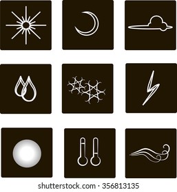 Weather flat square icons. White outlines, clouds, fog, moon, sun, rain, snow, storm, temperature, wind against a black background. Hand drawing, line design, design element, vector