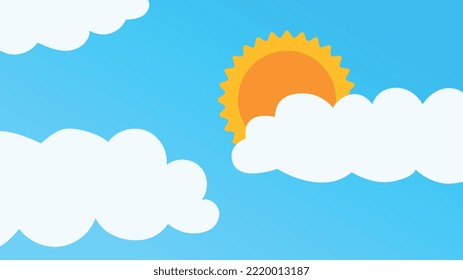 Weather forecast abstract concept. Colorful poster with clear blue sky, sun and clouds. Warm weather or climate in spring or summer season. Template for print or app. Cartoon flat vector illustration
