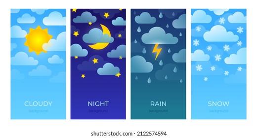 Weather forecast. App background with sun clouds rain wind, mobile interface layout. Vector poster set