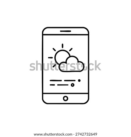 Weather forecast app icon black and white line vector smartphone with sun and cloud on screen mobile meteo interface illustration