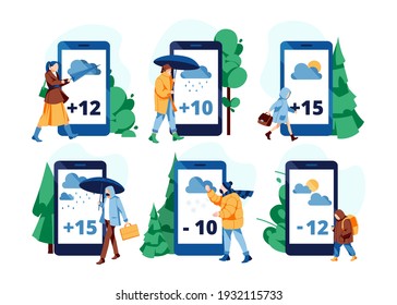 Weather forecast app on screens set. Tiny people in suitable clothing watching online weather forecast on smartphone screen cartoon vector illustration