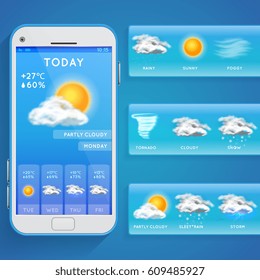 Weather forecast app on smartphone screen and realistic vector icons. Weather app on phone, illustration mobile screen with web forecast weather