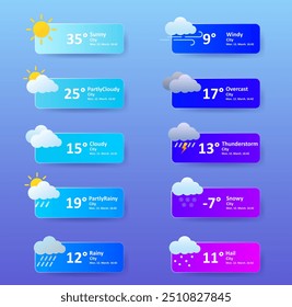 Weather forecast app. Sunny, partly cloudy, rainy, overcast, hail, precipitation, windy, thunderstorm, snow, lightning, snowflake, min max temperature, city location, degrees Celsius, Fahrenheit