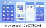 Weather forecast app template. Mobile interface template. Weather icons set isolated on blue background.GUI elements for weather forecast mobile app. Ui ux toolkit vector illustration. 
