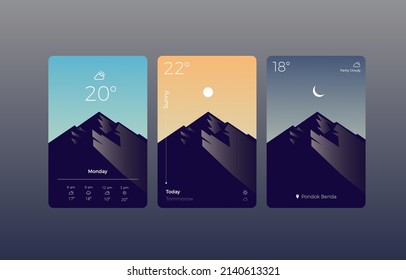 weather forecast app template. Mobile interface template. Weather icons set isolated on blue orange dark background.