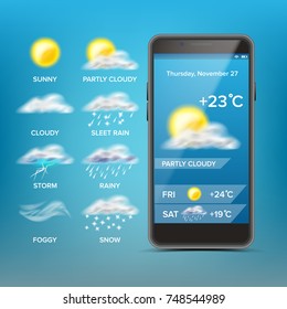 Weather Forecast App Vector. Blue Background. Application Of Science And Technology. State Of The Atmosphere. Illustration