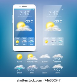 Weather Forecast App Vector. Good For Use In Mobile Phone App. Predict The State Of The Atmosphere For A Given Location. Illustration
