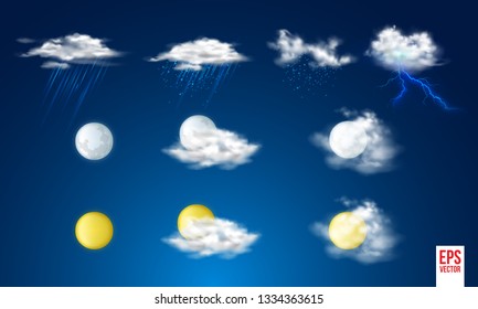 Weather Forecast App Vector. Weather Icons Set. Blue Background. Mobile Weather Application Screen. Illustration - Vector