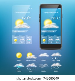 Weather Forecast App Vector. App Weather Forecast  Icons Set. Blue Background. Cloud, Winter Snow. Mobile Weather Application Widget Screen. Illustration