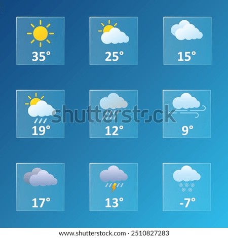 Weather forecast app or website. Sun, cloudy, precipitation, temperature, rain, wind speed, thunderstorm, snow, lightning, snowflake, degrees Celsius, Fahrenheit. Blue background. Glassmorphism